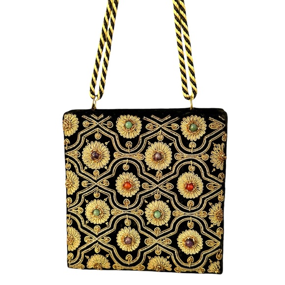 Vintage Zardozi Embroidery Clutch Precious Stone Gold Black Velvet Evening Bag - Picture 1 of 17